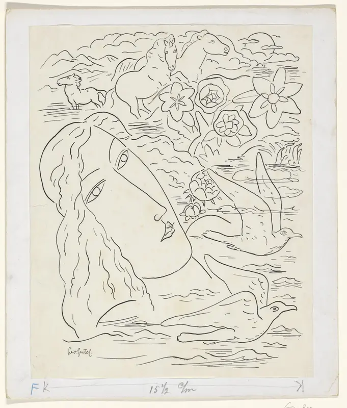 Vrouwenhoofd met meeuwen, paarden en bloemen Wall Art by Unknown - High-Resolution Digital Print