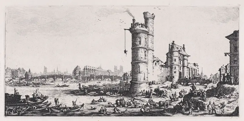 Vue de Pont-Neuf (View of the Pont-Neuf), from "Les Deux Grandes Vues de Paris" (The Two Large Views of Paris) Wall Art by Jacques Callot - High-Resolution Digital Print