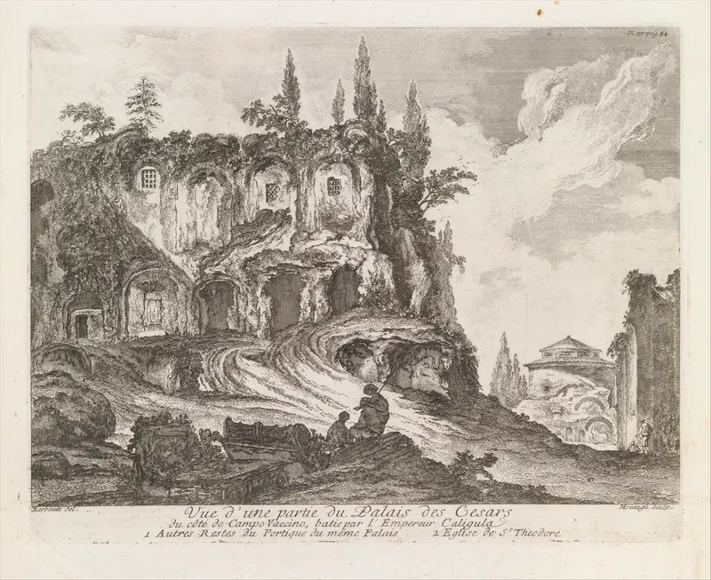 Vue d'une partie du Palais des Cesars du côté de Campo Vaccino, batie par l'Empereur Caligula, from "Les Plus Beaux Monuments de Rome Ancienne ou Recueil des plus beaux Morceaux de l'Antiquité Romaine qui existent encore" Wall Art by Jean Barbault - High-Resolution Digital Print