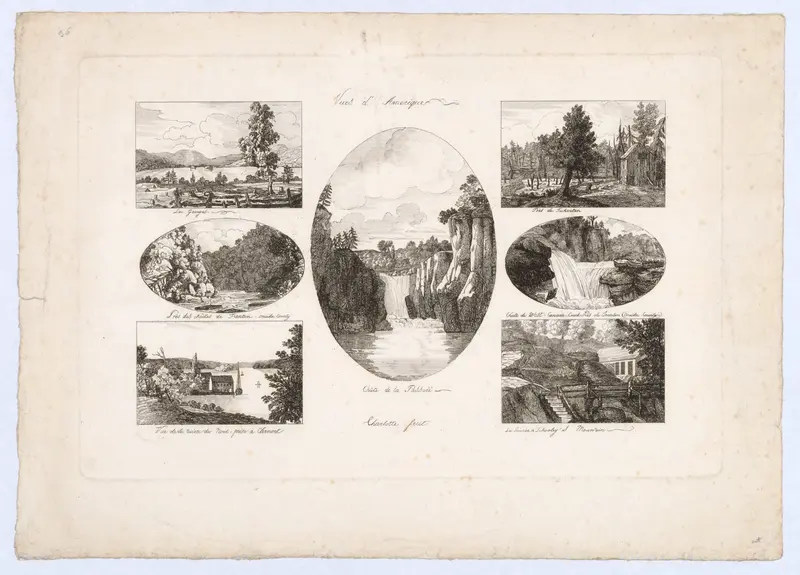 Vues d'Amerique: Lac Georges; Près des chûtes de Trenton, Oneida County; Vue de la rivière du Nord, prise à Clermont; Chûte de la Passaic; Près de Tuckerton; Chûte de West Canada Creek, près de Trenton, Oneida County; La Source à Schooley's Mountain Wall Art by Charlotte Bonaparte - High-Resolution Digital Print