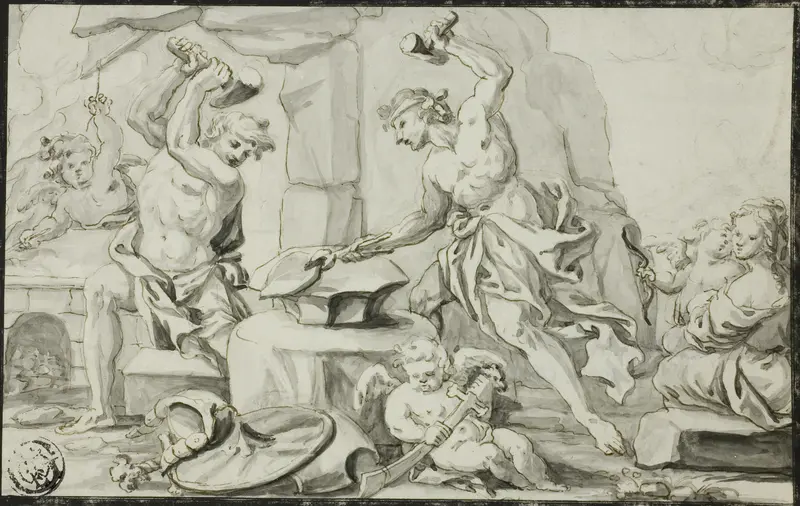 Vulcan Making Arms for Achilles, while Venus and Cupid Look On Wall Art by Abraham Drentwett, the elder - High-Resolution Digital Print