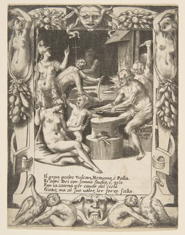 Vulcan, Neptune, Athena and other Gods making Shackles to pull Jupiter from the Heavens, set within an elaborate frame, from "Loves, Rages and Jealousies of Juno" Wall Art by Giulio Bonasone - High-Resolution Digital Print