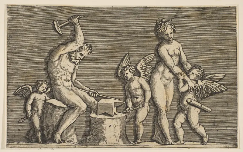 Vulcan seated hammering on an anvil flanked by Venus and three cupids