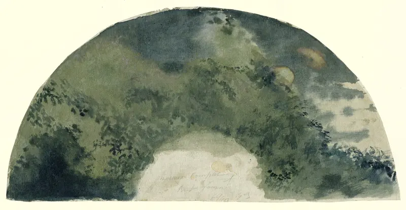 Waaierblad in Japanse trant beschilderd met een landschap bij opkomende maan Wall Art by Unknown - High-Resolution Digital Print