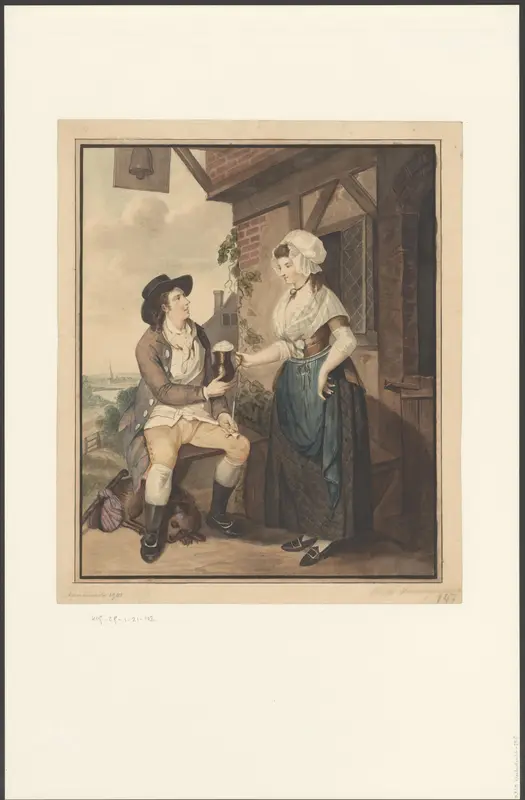 Waardin geeft een reiziger een kan bier Wall Art by Unknown - High-Resolution Digital Print