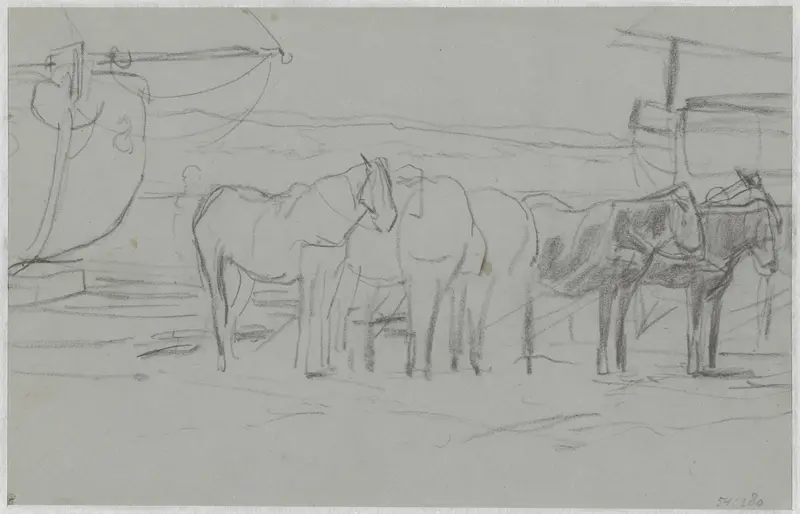 Wachtende paarden bij bomschuiten op het strand Wall Art by Anton Mauve - High-Resolution Digital Print