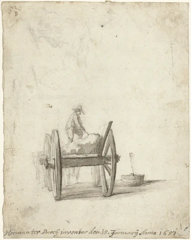 Wagen, van achteren, met man die mest in een tobbe schept Wall Art by Unknown - High-Resolution Digital Print