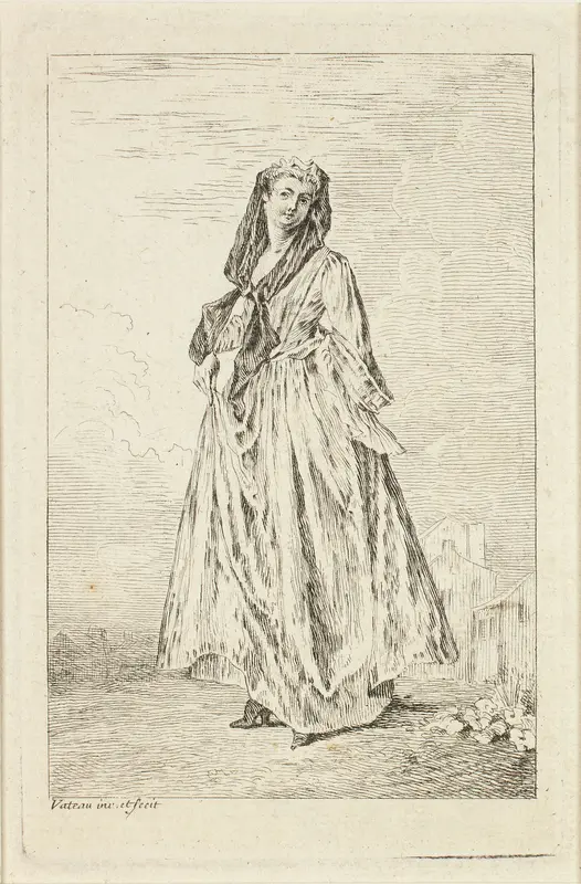Walking Woman Holding her Skirt, from Figures de modes Wall Art by Jean Antoine Watteau - High-Resolution Digital Print