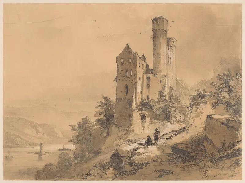 Wandelaars bij de ruïne Ehrenfels aan de Rijn Wall Art by Theodor Verhas - High-Resolution Digital Print