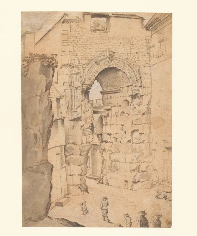 Wandelaars bij een antieke stadspoort Wall Art by anonymous - High-Resolution Digital Print