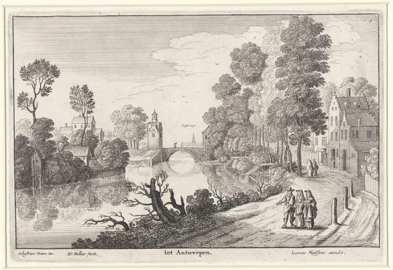 Wandelende figuren langs een rivier bij Antwerpen Wall Art by Unknown - High-Resolution Digital Print