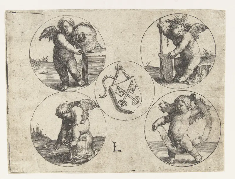 Wapen van Leiden en vier putti met wapentuig Wall Art by Unknown - High-Resolution Digital Print