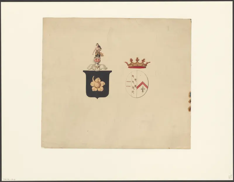 Wapenschild met bloem en een wapenschild met vliegende vogels, een fleur-de-lis en twee vissen Wall Art by anonymous - High-Resolution Digital Print