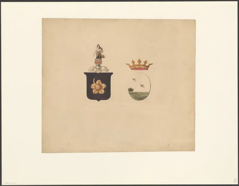 Wapenschild met bloem en een wapenschild met vliegende vogels Wall Art by anonymous - High-Resolution Digital Print