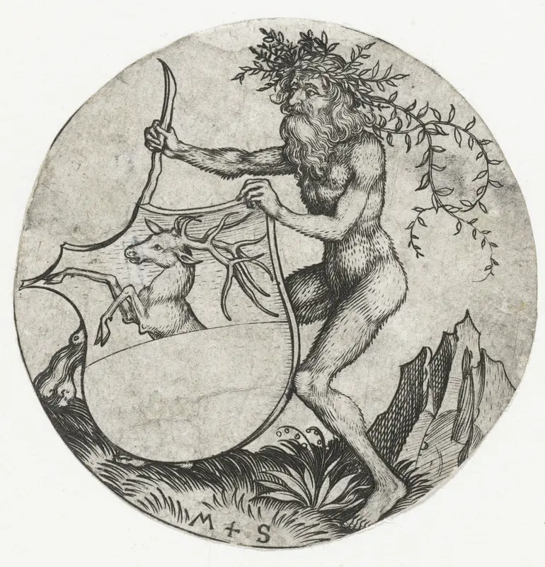 Wapenschild met een hert, vastgehouden door een wildeman met een knots Wall Art by Unknown - High-Resolution Digital Print