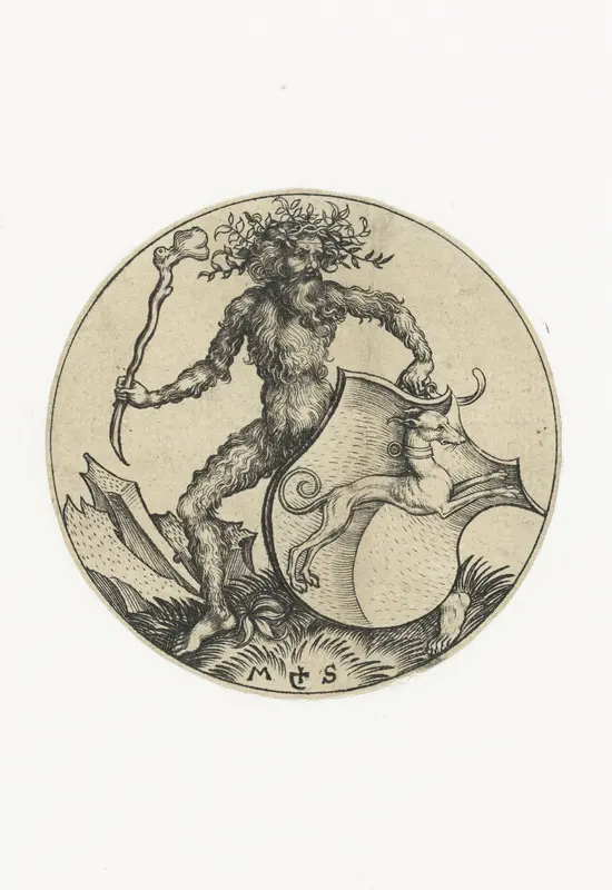 Wapenschild met een hond, vastgehouden door een wildeman met een knots Wall Art by Unknown - High-Resolution Digital Print