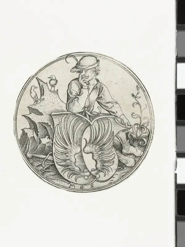 Wapenschild met vleugels, vastgehouden door een boer Wall Art by Unknown - High-Resolution Digital Print