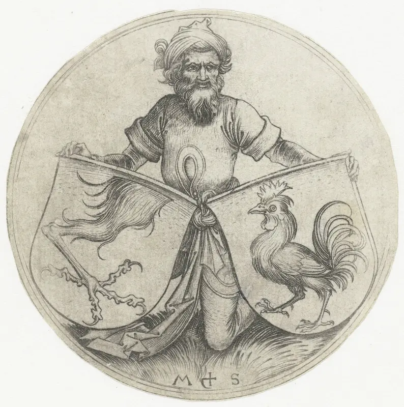 Wapenschilden met een haan en de poot van een griffioen, vastgehouden door een oosterling Wall Art by Unknown - High-Resolution Digital Print