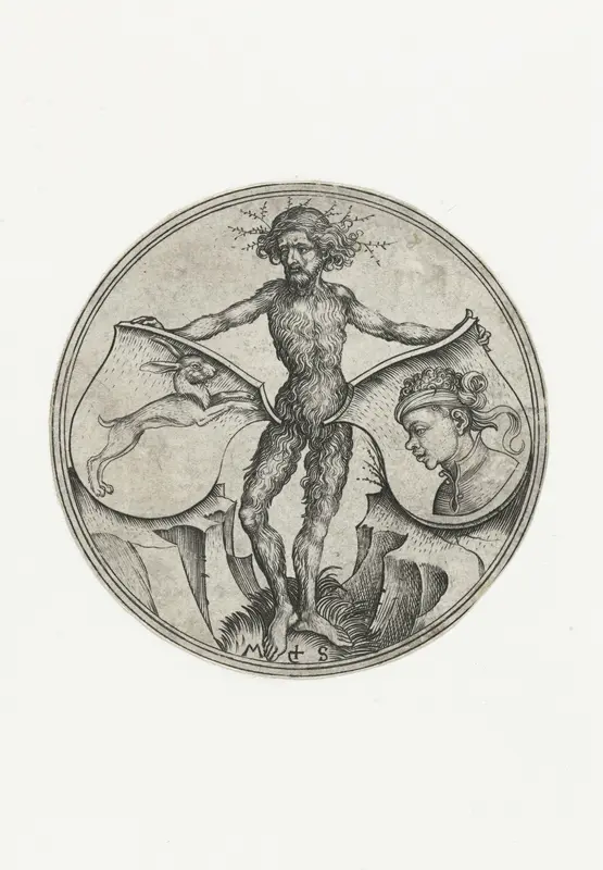 Wapenschilden met een haas en een moor, vastgehouden door een wildeman Wall Art by Unknown - High-Resolution Digital Print