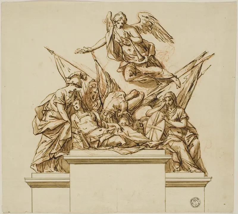 Warrior Accompanied by Britannia, Minerva, and Fame (recto); Design for the Monument to Nicholas Rowe (verso) Wall Art by John Michael Rysbrack - High-Resolution Digital Print