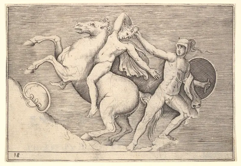 Warrior Pulling a Rider from His Horse, from "Ex Antiquis Cameorum et Gemmae Delineata/ Liber Secundus/et ab Enea Vico Parmen Incis"
