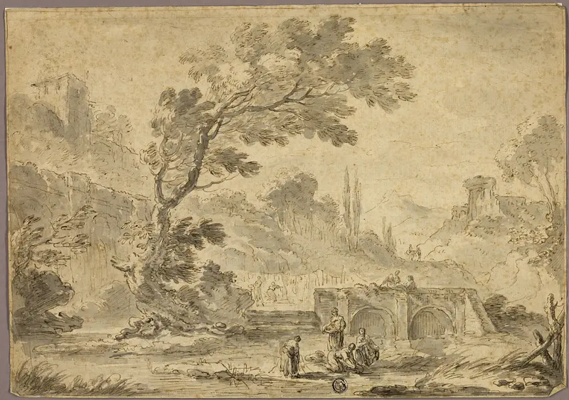 Washerwomen by Stream in Italianate Landscape Wall Art by Andrea Locatelli - High-Resolution Digital Print