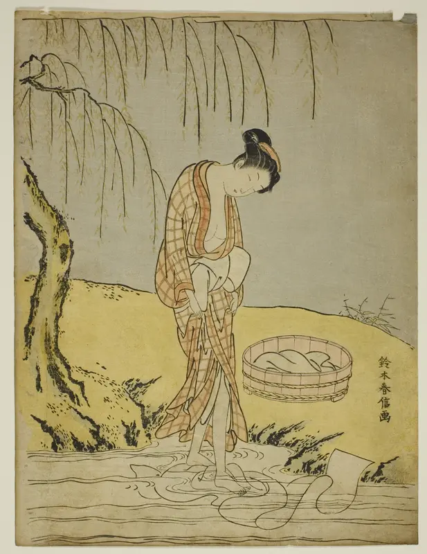 Washing Cloth in a Stream Wall Art by Suzuki Harunobu - High-Resolution Digital Print