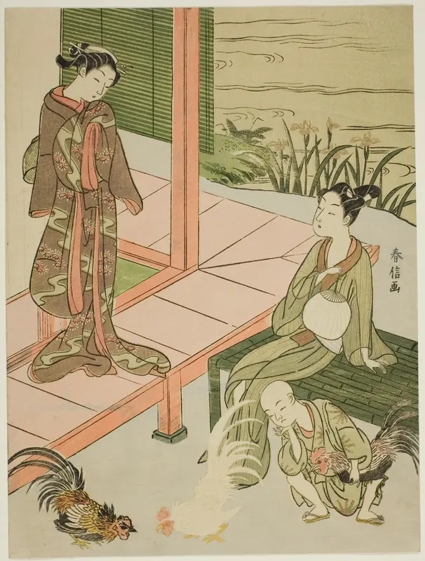 Watching a Cockfight at the Edge of the Veranda Wall Art by Suzuki Harunobu - High-Resolution Digital Print