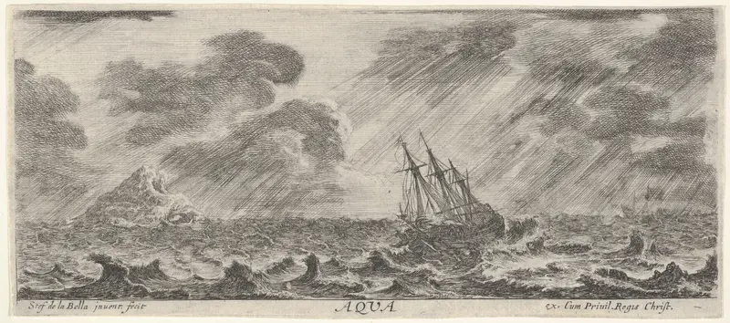 Water, a ship at sea during a storm, from "The Four Elements" (Les Quatre Eléments) Wall Art by Stefano della Bella - High-Resolution Digital Print