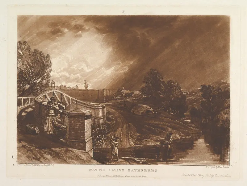 Water Cress Gatherers, Rails Head Ferry Bridge, Twickenham, part XIII, plate 62 from "Liber Studiorum" Wall Art by Joseph Mallord William Turner - High-Resolution Digital Print