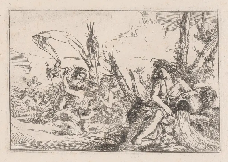 Water, represented by a naiad seated at the base of a tree and resting her arm on a supine urn from which water flows, behind her a triton and other inhabitants of the sea rise from the water surface, from "The Elements" Wall Art by Giulio Carpioni - High-Resolution Digital Print