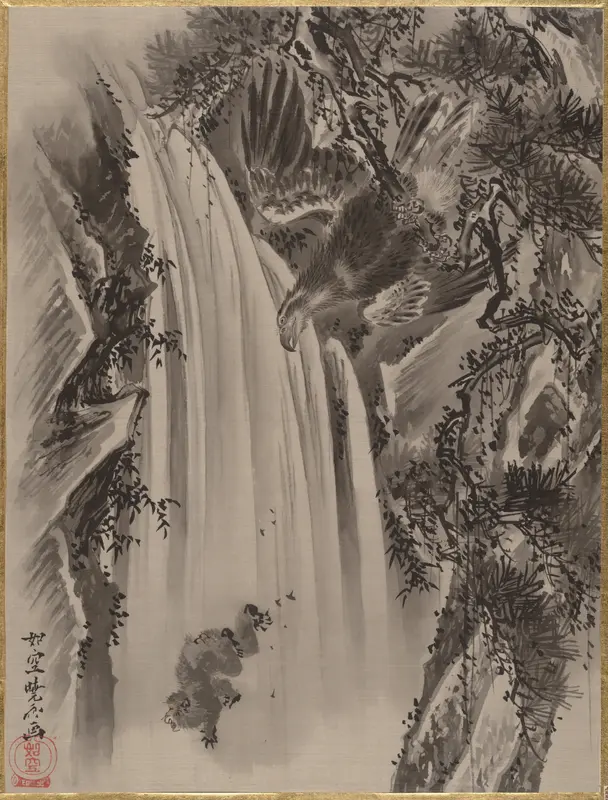 Waterfall, Eagle and Monkey Wall Art by Kawanabe Kyōsai 河鍋暁斎 - High-Resolution Digital Print
