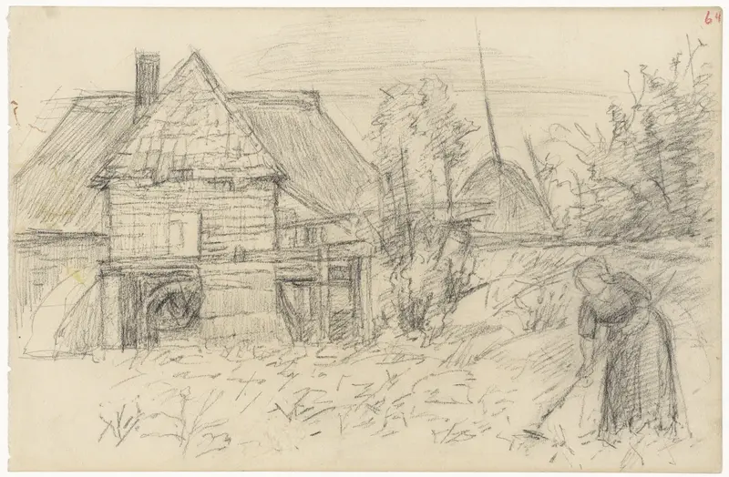 Watermolen met harkende vrouw