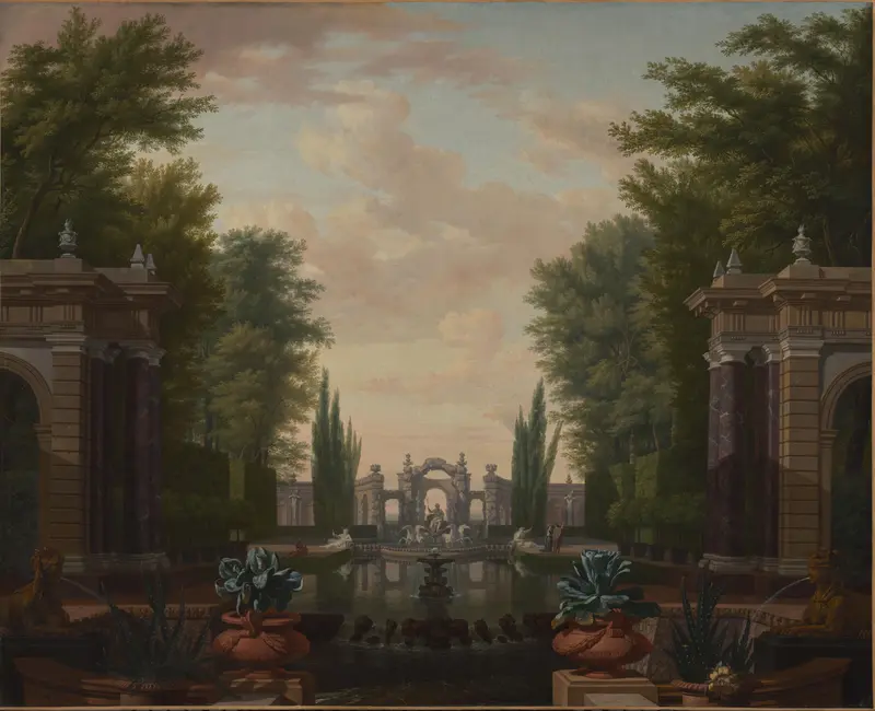 Waterpartij met beelden en gebouwen in een park Wall Art by Isaac de Moucheron - High-Resolution Digital Print
