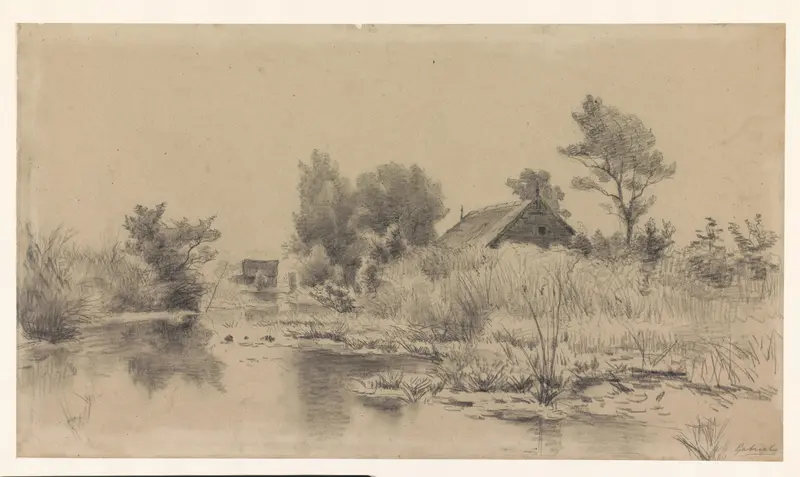 Waterplas met riet, met op de achtergrond een boerderij Wall Art by Unknown - High-Resolution Digital Print