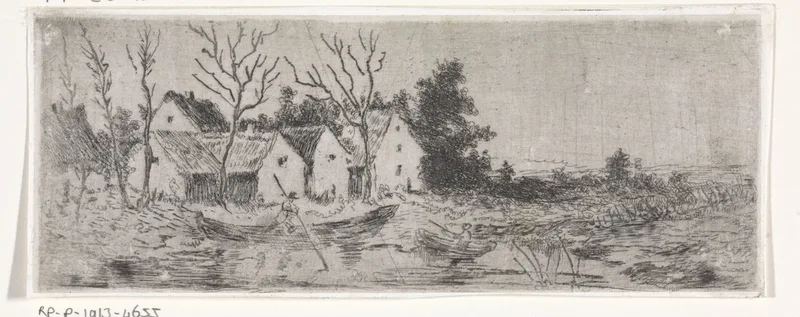 Waterrijk landschap met huizen en kale bomen aan de oever Wall Art by Unknown artist - High-Resolution Digital Print
