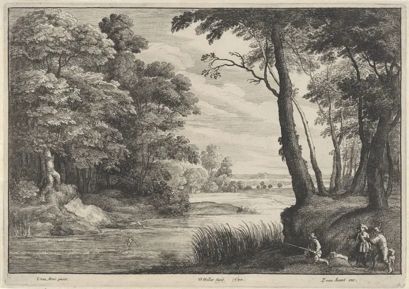 Waterrijk landschap met reiger en jagers Wall Art by Unknown - High-Resolution Digital Print