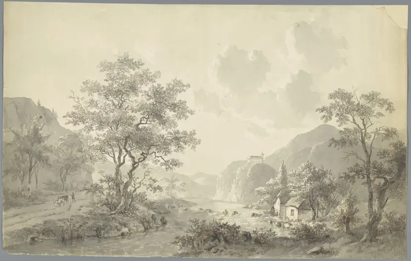 Watervalletje bij een meer in een berglandschap Wall Art by Jacob van Strij - High-Resolution Digital Print