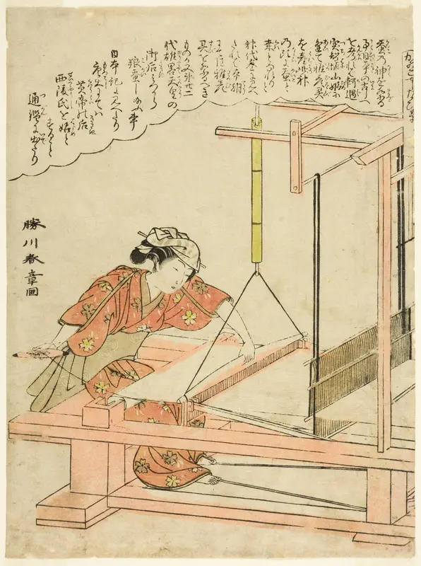 Weaving silk, plate 11 from the series "Silkworm Cultivation (Kaiko yashinai gusa)" Wall Art by Katsukawa Shunsho - High-Resolution Digital Print