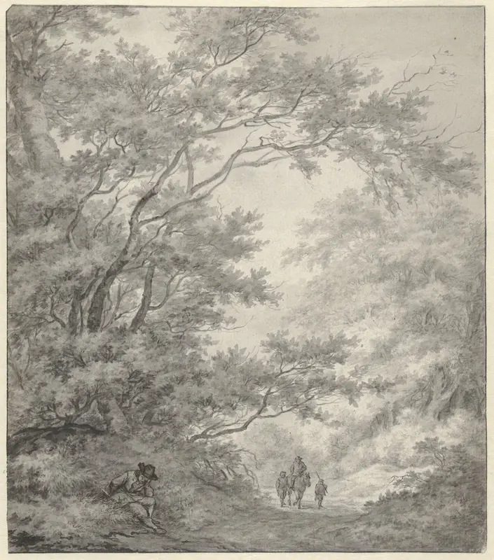 Weg in een bosachtige streek, waarop drie reizigers naderen Wall Art by Franciscus Andreas Milatz - High-Resolution Digital Print