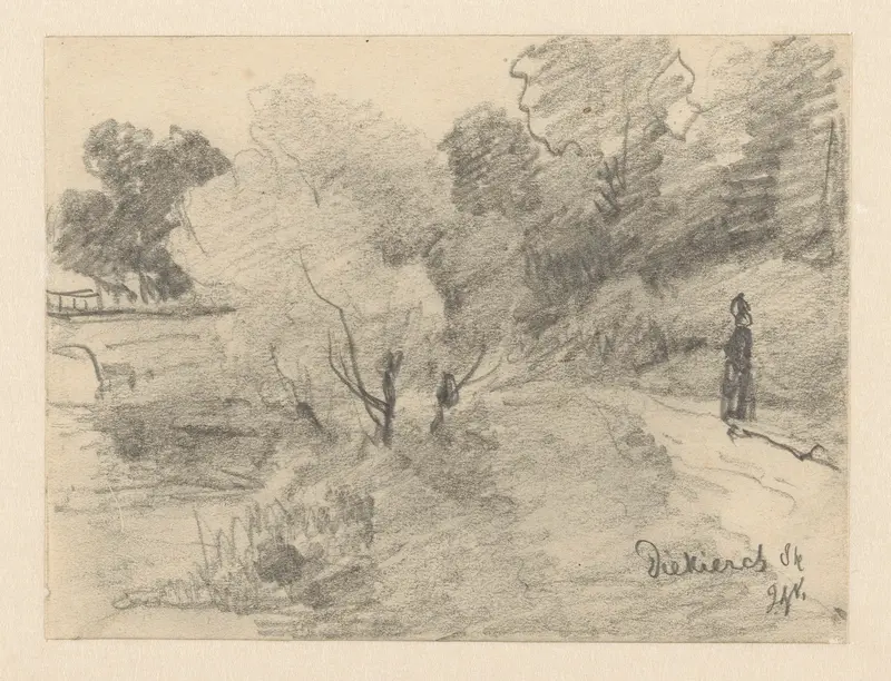 Weg langs een bosrand met een stenen brug op de achtergrond Wall Art by Unknown - High-Resolution Digital Print