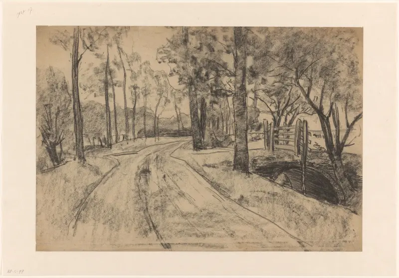 Weg tussen bomen, rechts een brug met een hek Wall Art by Egbert Rubertus Derk Schaap - High-Resolution Digital Print