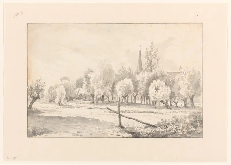 Weiland met knotwilgen en op de achtergrond een kerktoren Wall Art by Cornelis Steffelaar - High-Resolution Digital Print
