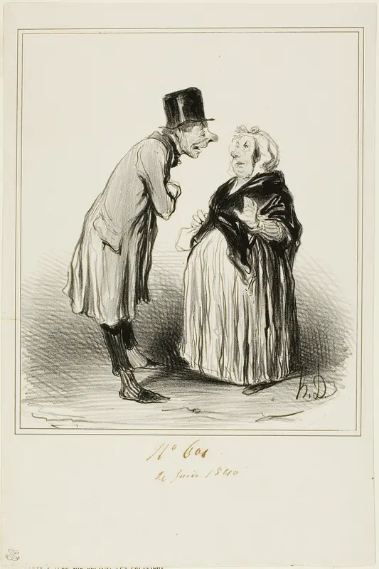 “- Well yes, it's true, the daughter of Mame Chopin got married yesterday with the son of Durand. I just talked to the young man and from what he told me (in full confidence), she must have had some strange ones before him…,” plate 6 from Les Parisie