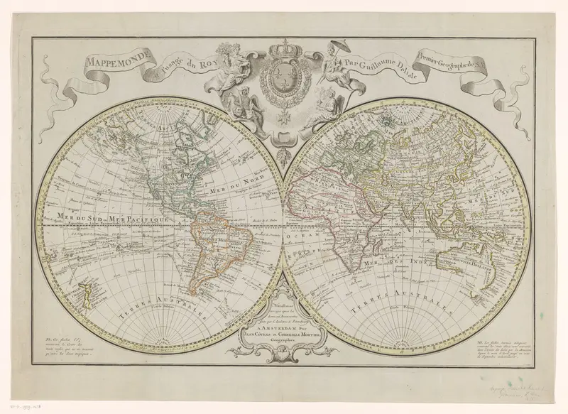 Wereldkaart, verdeeld in kaart van het oostelijk- en het westelijk halfrond Wall Art by Unknown - High-Resolution Digital Print