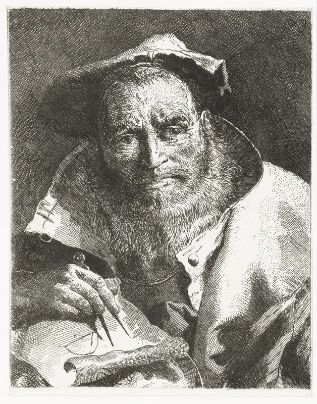 Wetenschapper met baret op hoofd en passer in hand Wall Art by Giovanni Domenico Tiepolo - High-Resolution Digital Print