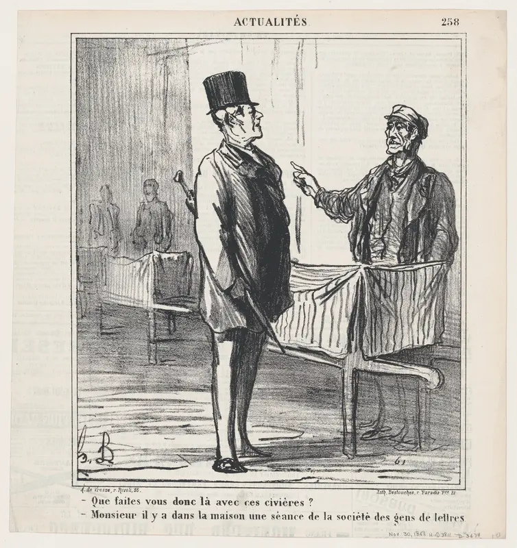 – What are you doing with these stretchers? – Monsieur, a reunion of the literary society is taking place in this house, from "News of the day" Wall Art by Honoré Daumier - High-Resolution Digital Print