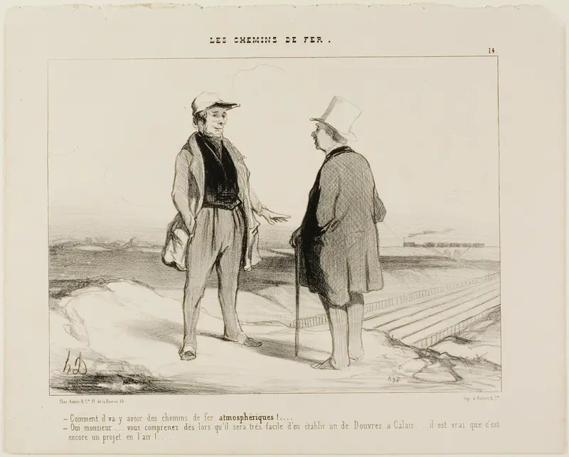 “- What do you mean, there are soon going to be air trains? - But of course, Monsieur... you see, it will then be very easy to establish a connection between Dover and Calais... but of course, the project is still suspended in air,” plate 14 from The