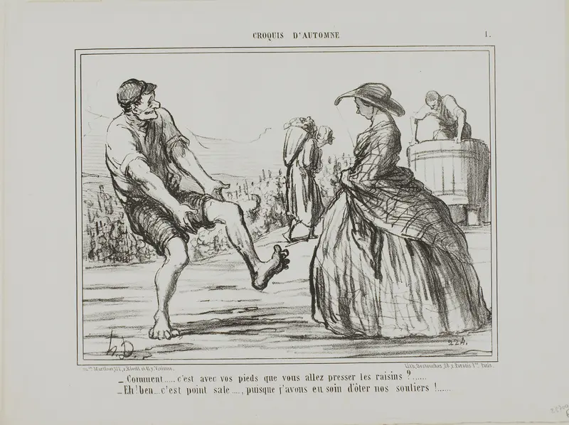 “- What? you are pressing the grapes with your feet?… - Sure, and it's not dirty at all… since I took off my shoes!,” plate 1 from Croquis D'automne