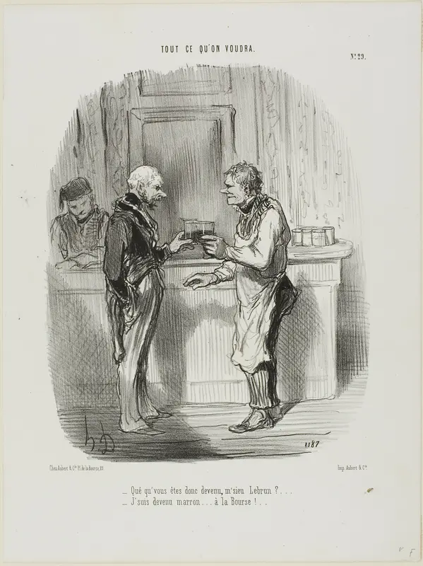 “- Whatever became of you, Mr. Brown? - I became an unlicensed broker at the Stock Exchange...,” plate 29 from Tout Ce Qu'on Voudra